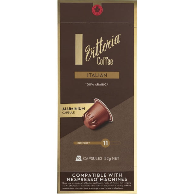 Vittoria Coffee Pods Italian in aluminum capsules, featuring 100% Arabica blend with notes of raisin, pear, and almond.