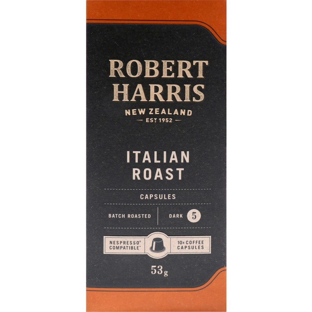 Robert Harris Coffee Pods Italian Espresso: bold, dark roast capsules for intense coffee lovers, compatible with Nespresso machines.