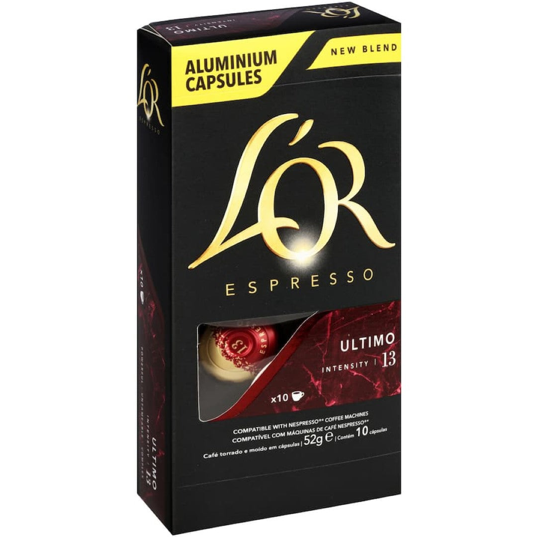 L'or Espresso Ultimo Intensity 13 capsules feature intense dark roast coffee with cocoa notes, compatible with Nespresso machines.