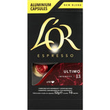 L'or Espresso Ultimo Intensity 13 coffee capsules offer bold dark roast flavors with cocoa notes, compatible with Nespresso machines.