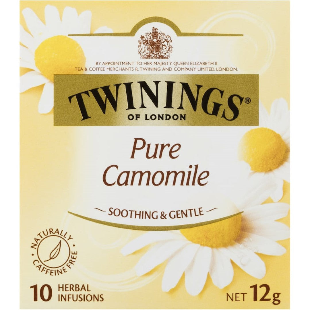 Twinings Chamomile Herbal Tea bags, crafted for relaxation with soothing floral aroma and caffeine-free comfort.