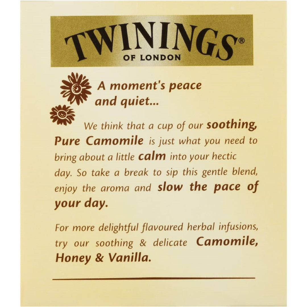 A soothing cup of Twinings Chamomile Herbal Tea, perfect for relaxation and tranquility with floral aroma and caffeine-free blend.