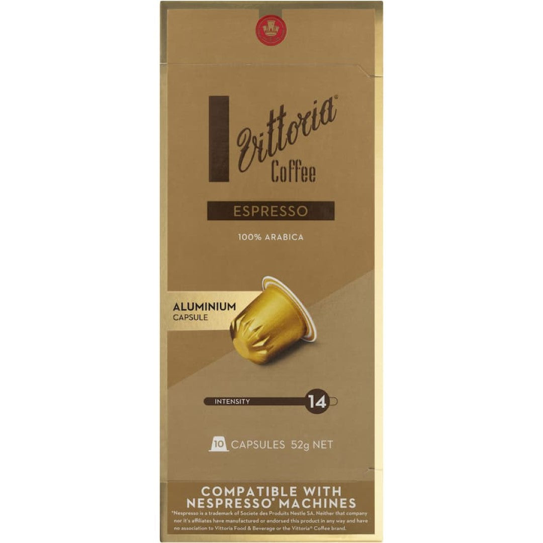 Vittoria Coffee Pods Espresso in aluminum capsules, featuring 100% Arabica beans for a bold, smooth flavor reminiscent of Italian espresso.