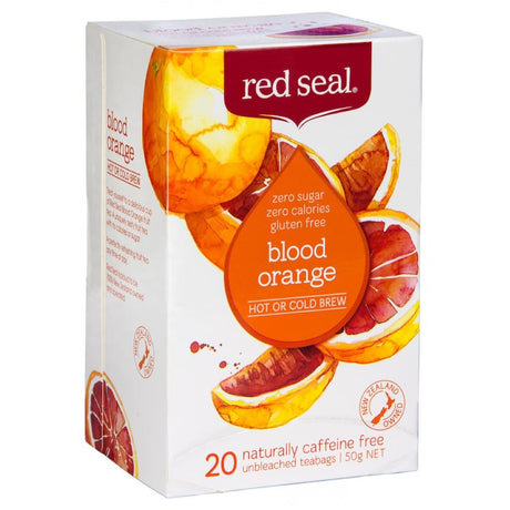 Red Seal Fruit Tea Blood Orange: A zesty, sugar-free herbal tea that brews hot or cold, made from biodegradable fibers.