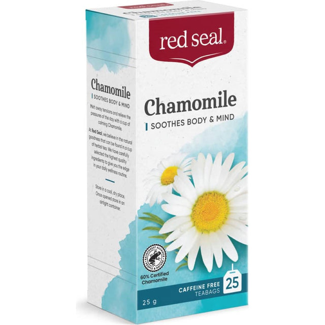 A soothing cup of Red Seal Chamomile tea, rich in antioxidants, perfect for relaxation and promoting restful sleep.