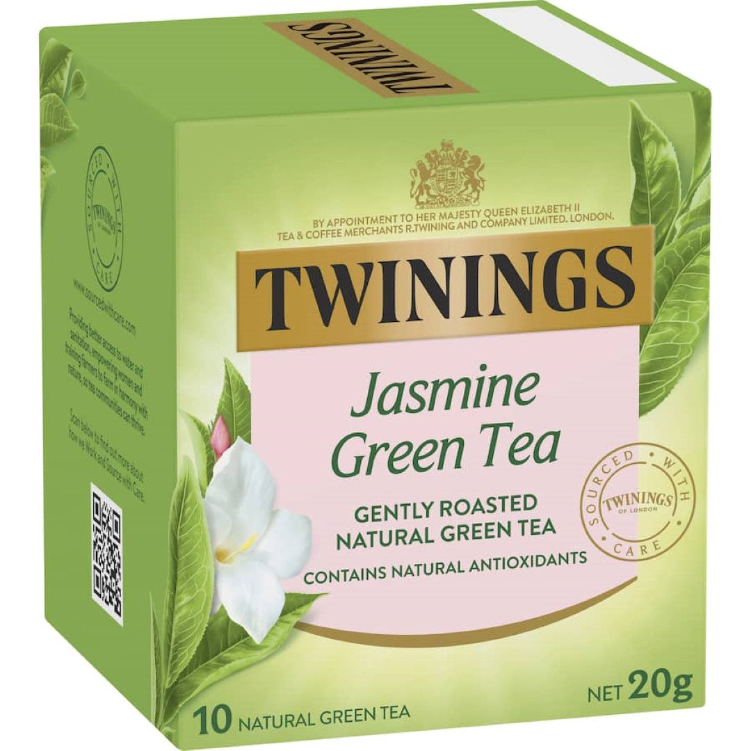 Twinings Green Tea Jasmine tea bags offer a fragrant blend of green tea and delicate jasmine, perfect for refreshing moments.