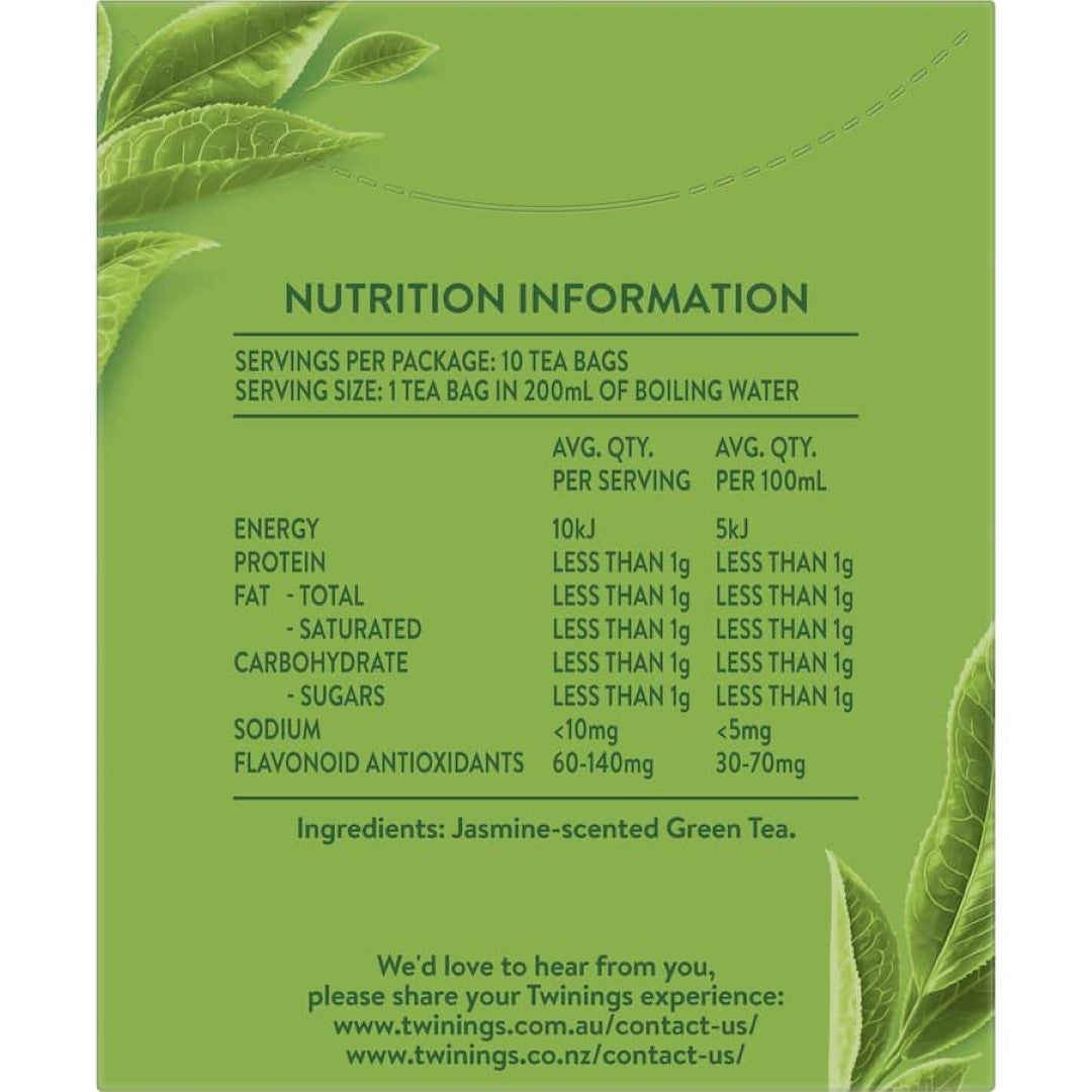 Twinings Green Tea Jasmine tea bags, showcasing delicate jasmine flavors blended with premium green tea for a refreshing experience.