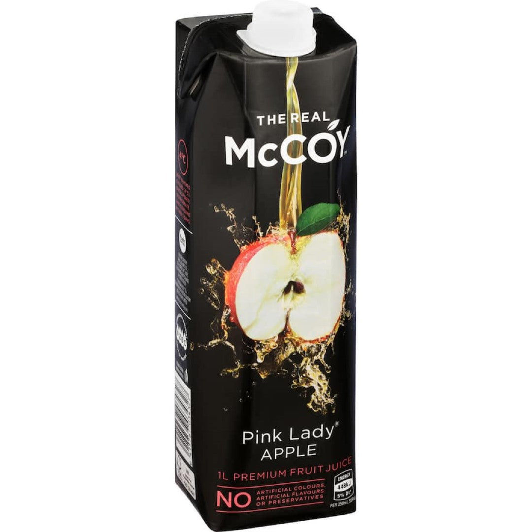 Bottle of McCoy Fruit Juice Pink Lady Apple showcasing natural sweetness and vibrant color, free from artificial additives.