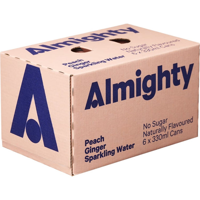 Can of Almighty Sparkling Water Peach Ginger, featuring peach and ginger flavors for a refreshing, low-calorie drink.