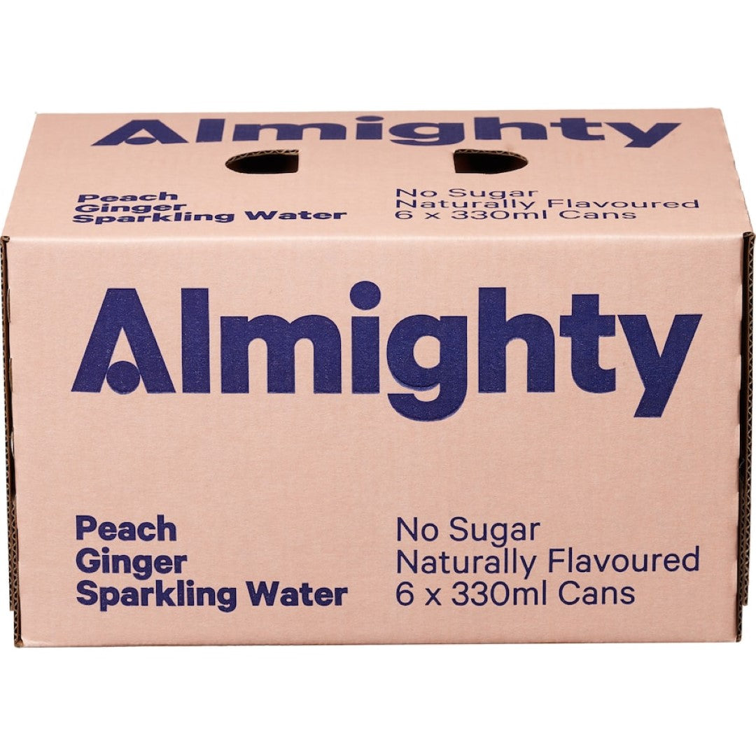 Almighty Sparkling Water Peach Ginger: Refreshing sparkling drink infused with peach and ginger flavors, low-calorie and guilt-free.