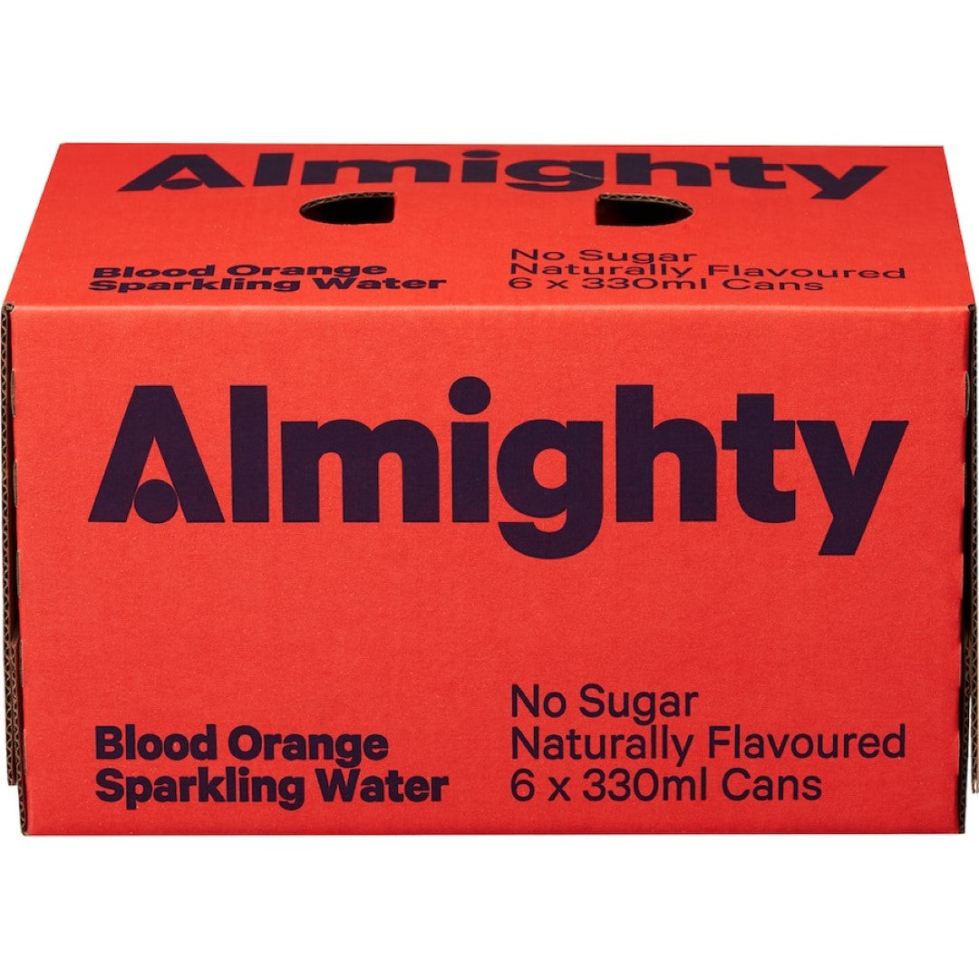 Can of Almighty Sparkling Water Blood Orange showcasing zesty flavor, refreshing fizz, and calorie-free hydration.