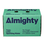 A refreshing can of Almighty Sparkling Water Yuzu Lime, featuring citrusy flavor and zero calories for a healthy hydration option.