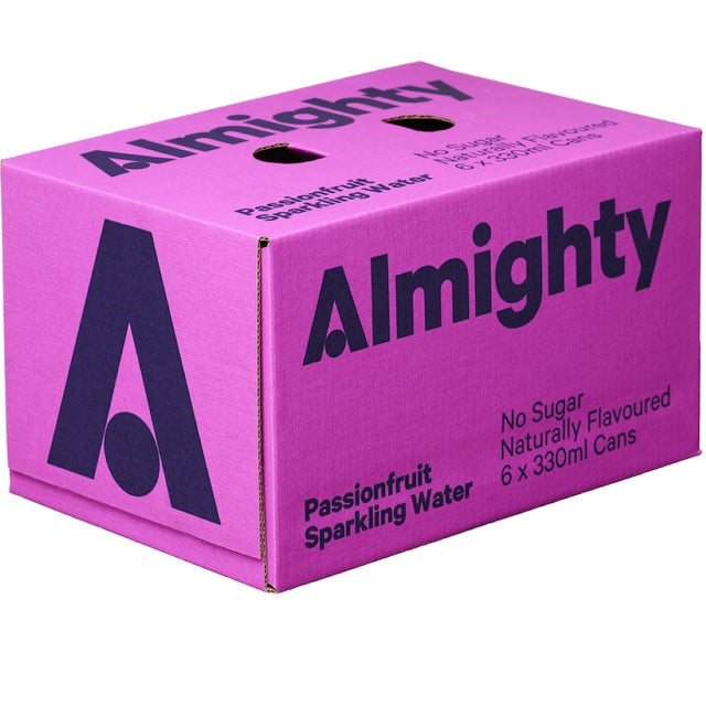 Can of Almighty Sparkling Water Passionfruit showcasing vibrant packaging and refreshing effervescence.