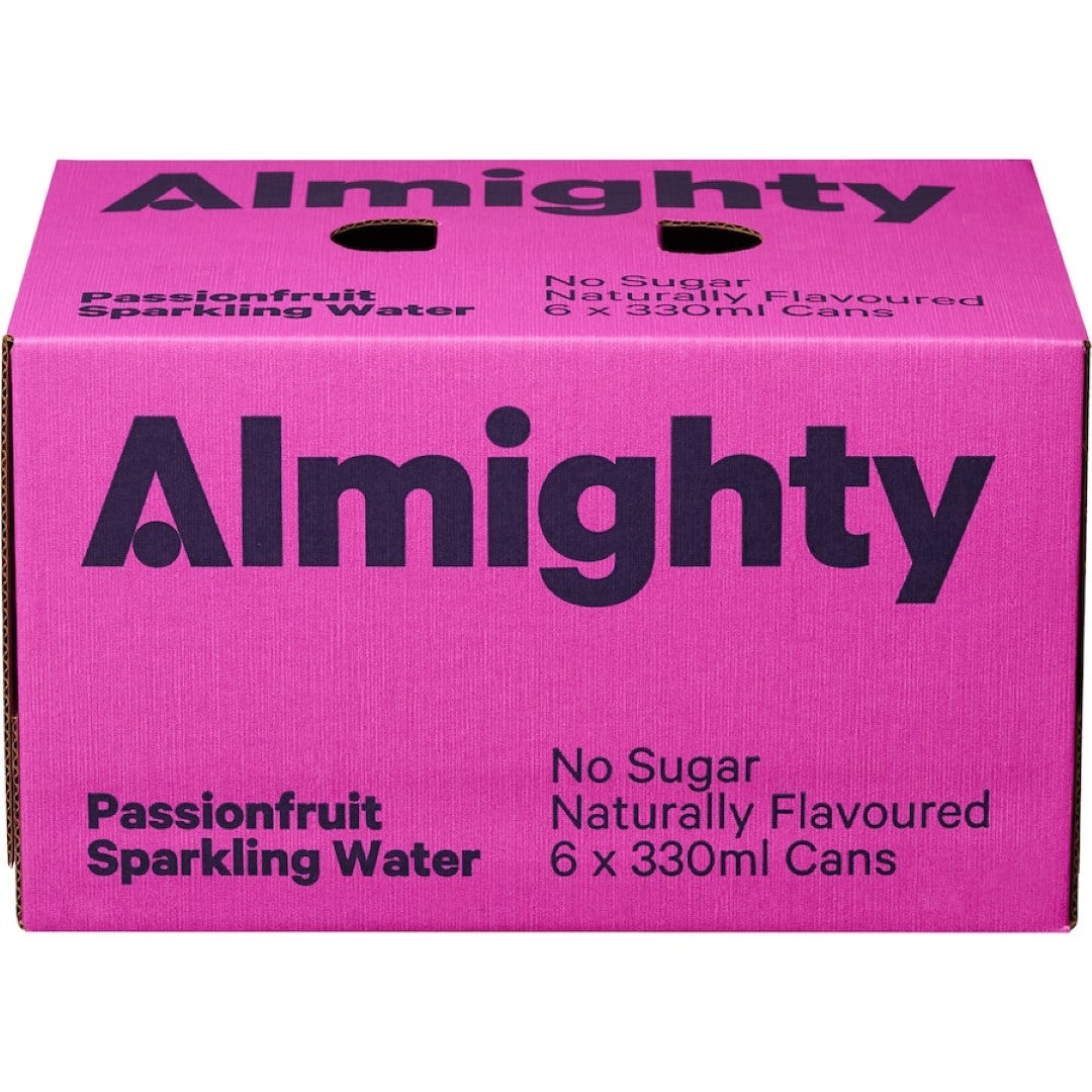 A can of Almighty Sparkling Water Passionfruit featuring vibrant packaging, promising a refreshing, calorie-free beverage option.