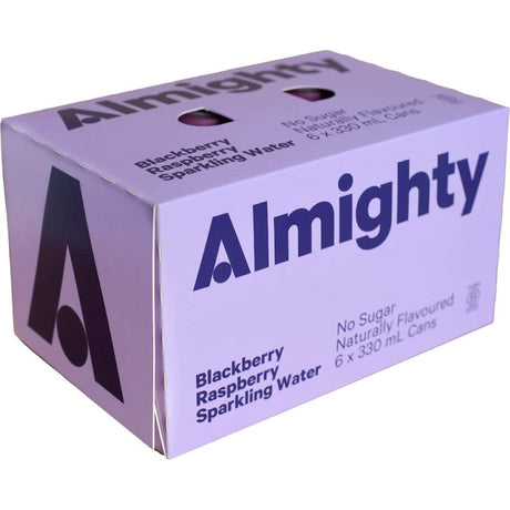 Refreshing Almighty Sparkling Water Blackberry, offering crisp fizz and natural blackberry flavor without calories or additives.