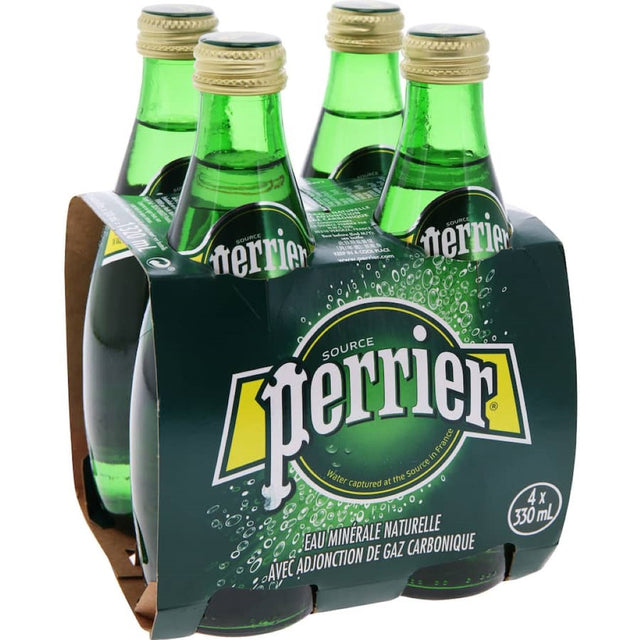 Perrier Mineral Water Natural in a green bottle, offering refreshing sparkling hydration with essential minerals.