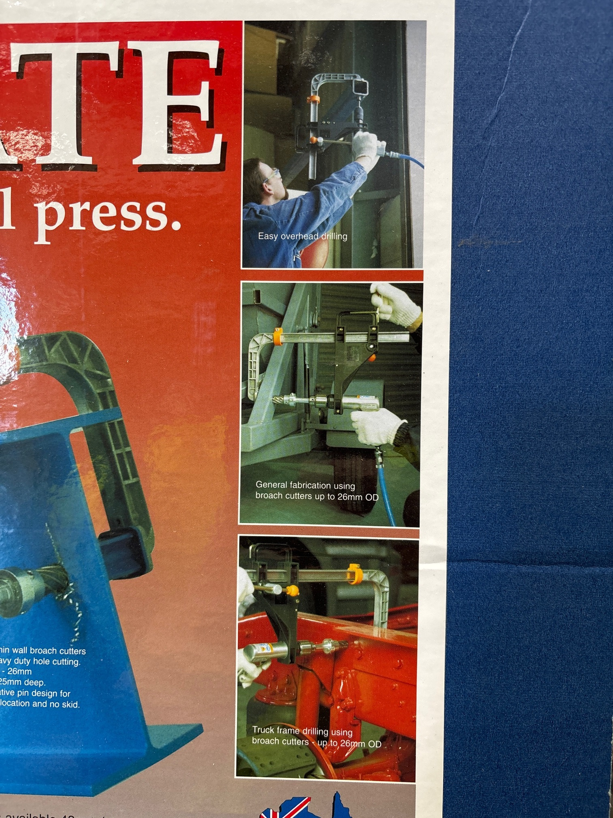 Portable hand-held drill press with 43mm collar for stable, precise drilling in wood, metal, or plastic; includes attachments.