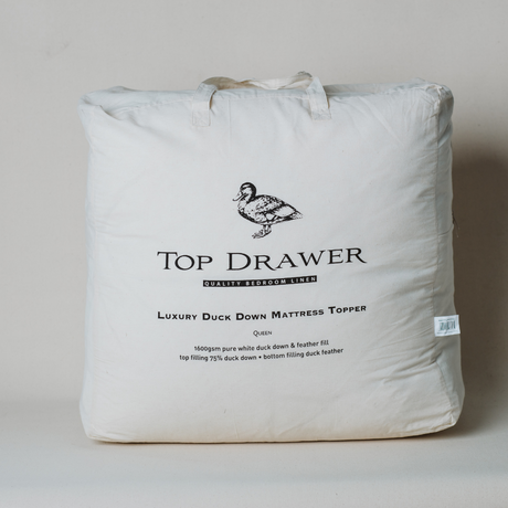 Super King Duck & Down Mattress Topper with 75/25 blend, quilted cotton cover, and 45cm fitted skirt for optimal comfort.