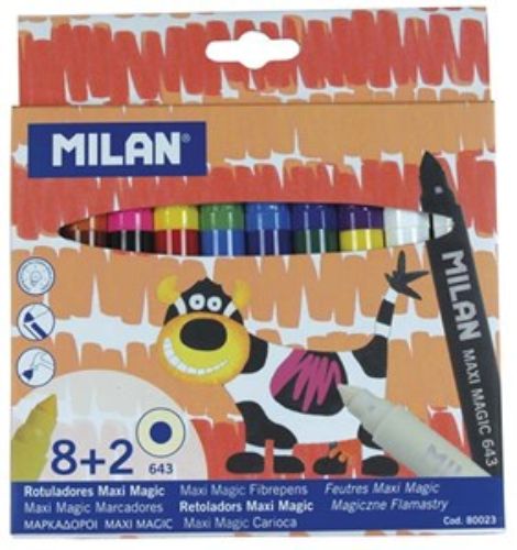 Milan Maxi Magic Fiberpens set featuring 8 colorful pens and 2 magic reveal pens for vibrant art creation and surprises.