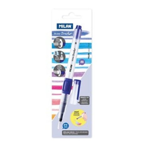 Milan Water Brush Medium Size with 8ml tank, 4mm round synthetic bristles, and hermetic cap for watercolor projects.