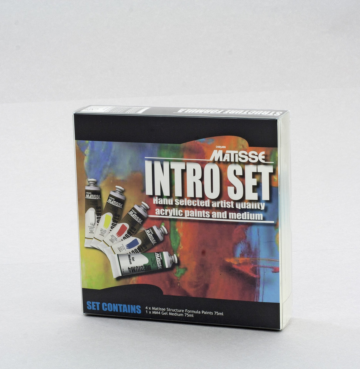 Vibrant MATISSE SET INTRO features five 75ml tubes of rich colors and a versatile gel medium for artistic exploration.