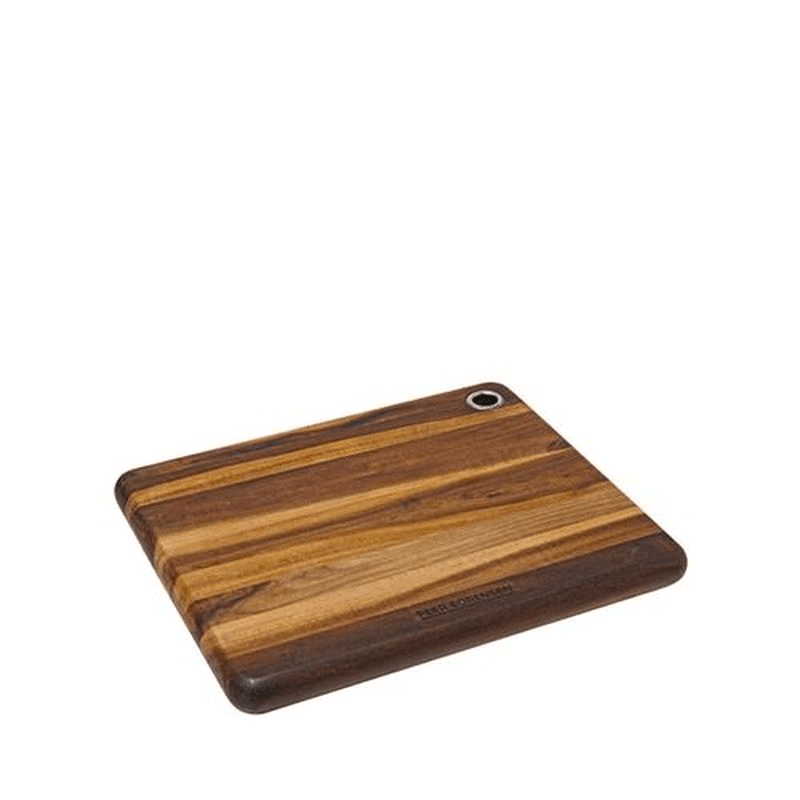 Acacia wood long grain cutting board with hanging loop, ideal for chopping meat and vegetables, stylish and durable.