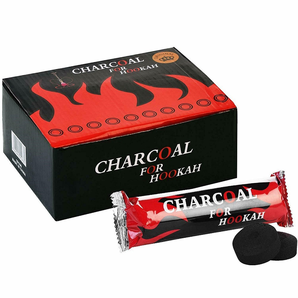 Box of 10 packets containing charcoal tabs designed for hookah use.