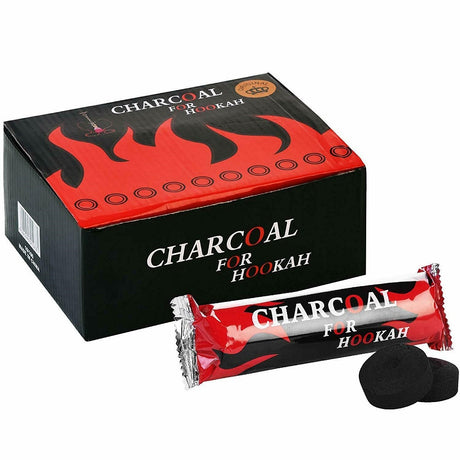 Box of 10 packets containing charcoal tabs designed for hookah use.