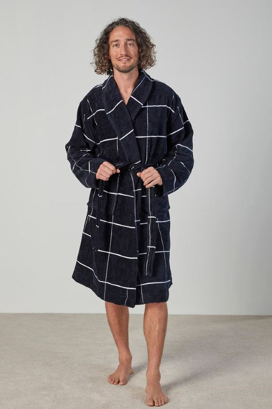 Luxurious navy velour bathrobe with shawl collar, pockets, and waist tie, perfect for couples and ethical gift-giving.