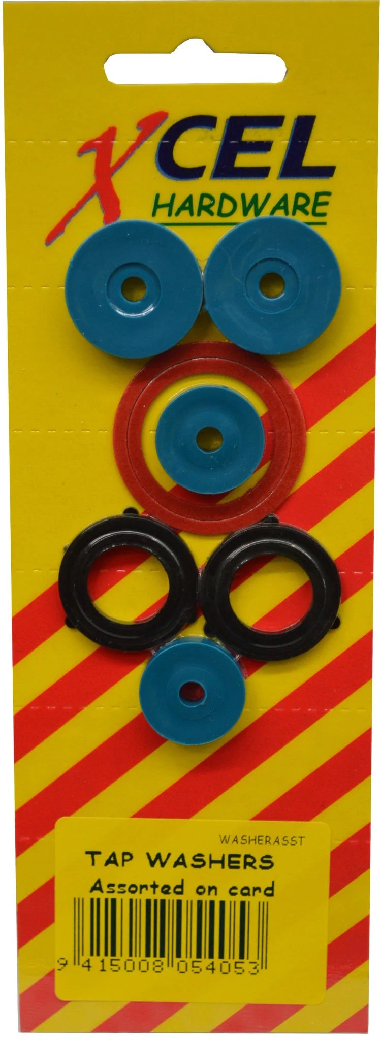 Assorted tap washers on card for plumbing projects, including basin, bath, hose, and tap body washers for leak prevention.