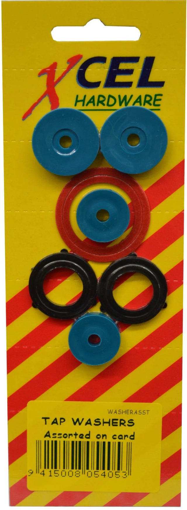 Assorted tap washers on card for plumbing projects, including basin, bath, hose, and tap body washers for leak prevention.