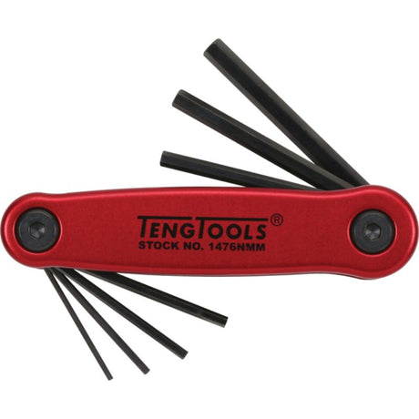 Teng 7pc Fold-Up Metric Hex Key Set in a color-coded aluminum case, sizes 1.5-6.0mm for versatile DIY and professional use.