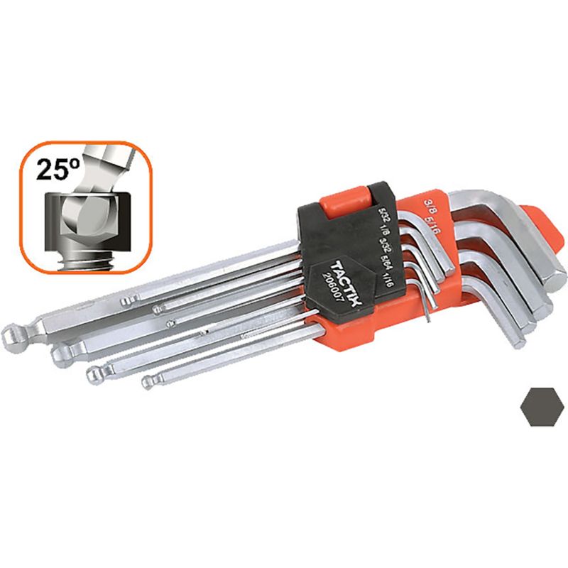 Tactix Hex Key Long 9Pc SAE set in folding holder, featuring durable chrome vanadium steel keys in 9 essential sizes.