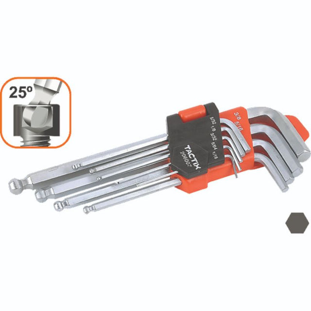 Tactix 9pc Hex Key Set featuring ball point ends for angled access, durable chrome-vanadium steel, and organized 2-component clip.