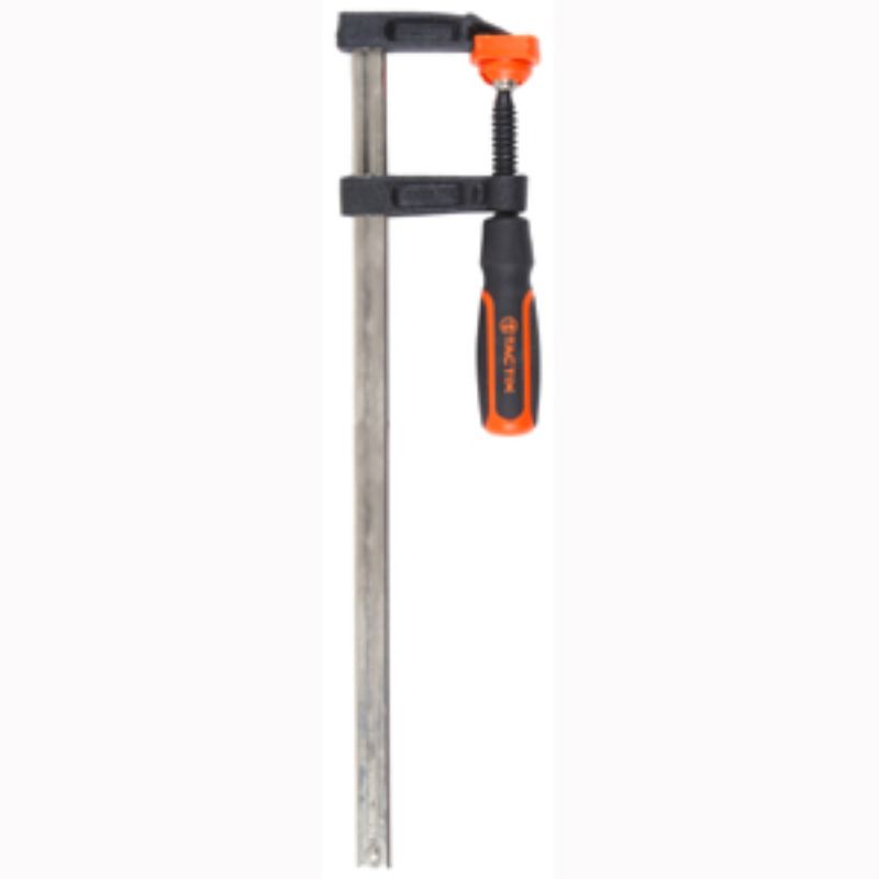 Tactix F-Clamp 300 x 50mm with durable cast iron body and non-slip handle, ideal for woodworking and metalworking projects.