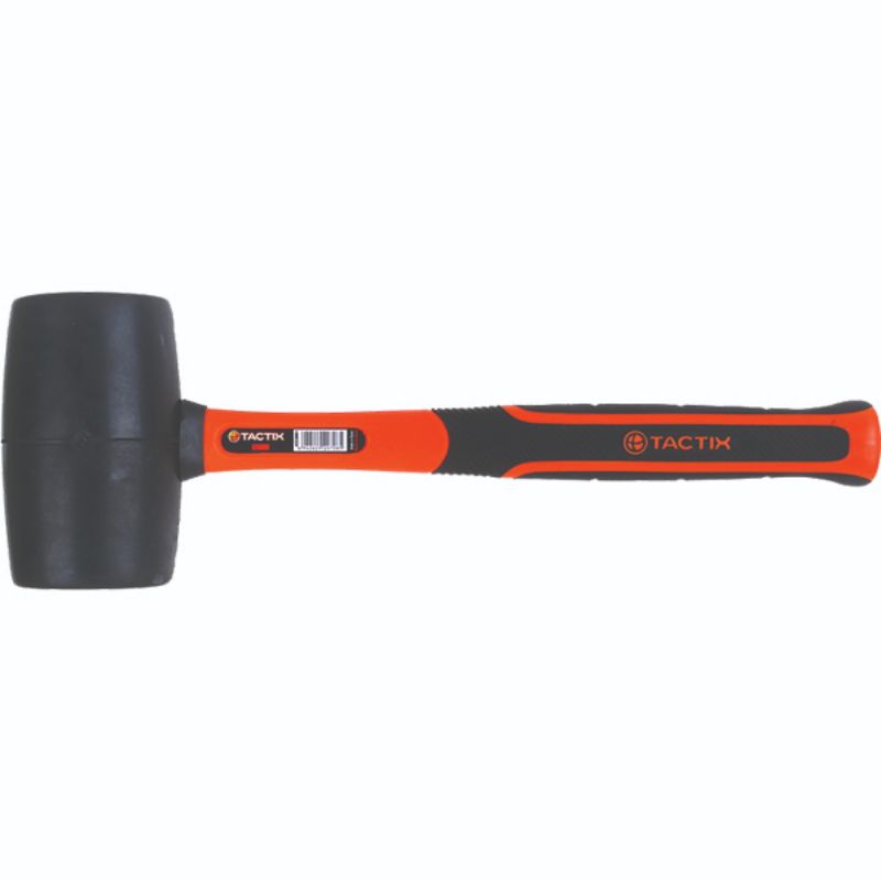 Black 16oz rubber mallet with a 58mm head and non-slip fiberglass handle, ideal for safe driving and assembly tasks.