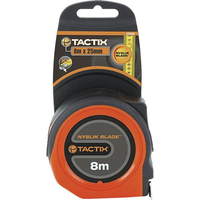 Tactix Tape Measure 8m x 25mm with durable nylon-coated steel blade, bi-material case, and extra-large hook for accurate measurements.