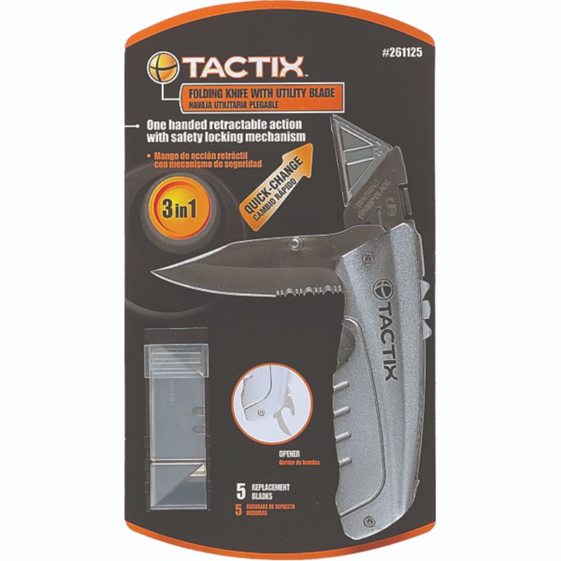 Tactix Utility Folding Knife with dual function design, durable aluminum body, 5 SK5 blades, and convenient belt clip.