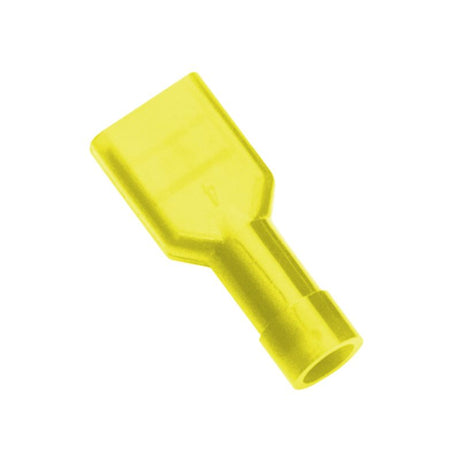 Yellow female insulated push-on spade terminals in a 5-pack, perfect for electrical connections.