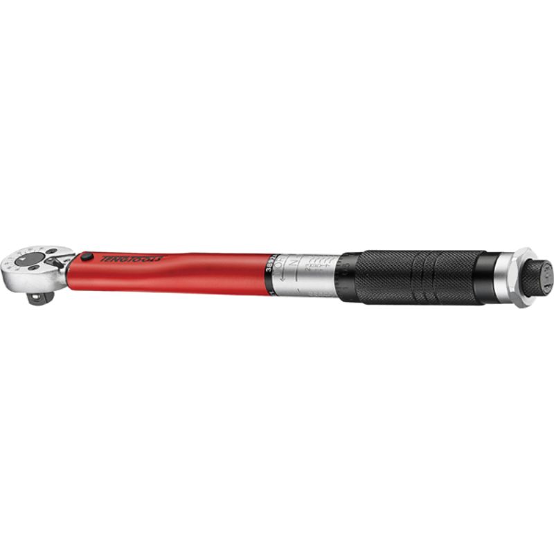 Teng 3/8in Drive Torque Wrench, precision tool for 5-25Nm torque, features dual scale and angular gauge for accuracy.