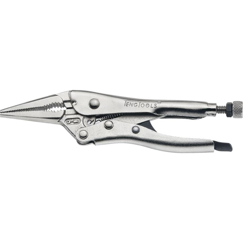 Teng 6in Long Nose Power Grip Plier features narrow jaws, pipe grip, and cutters, ideal for precision tasks in tight spaces.