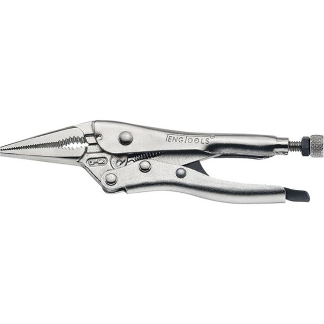 Teng 6in Long Nose Power Grip Plier features narrow jaws, pipe grip, and cutters, ideal for precision tasks in tight spaces.