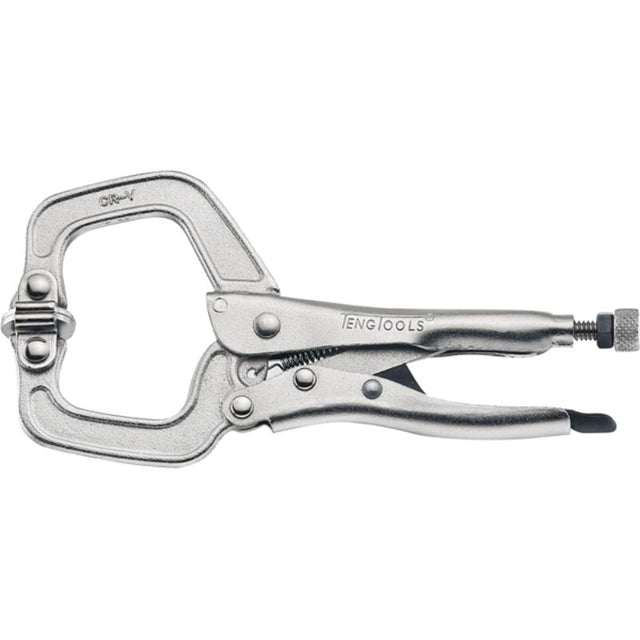 Teng 6in C-Clamp Locking Plier with swivel pad, nickel-plated, featuring self-locking mechanism and efficient grip for various materials.