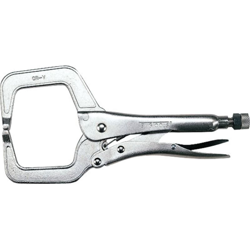 11-inch C-Clamp Power Grip Plier with zinc plating, self-locking release lever, chrome vanadium construction, and adjustable settings.