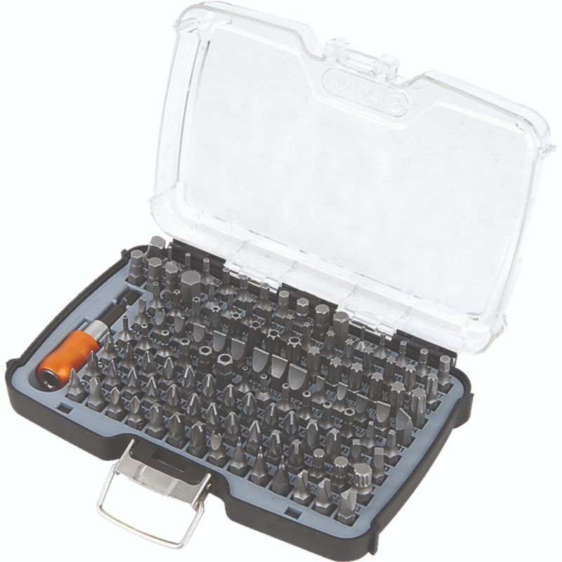 Tactix 117pc Cr-V Bits Set featuring 115 durable bits, bit adaptor, and stainless steel quick change chuck for versatile tool use.