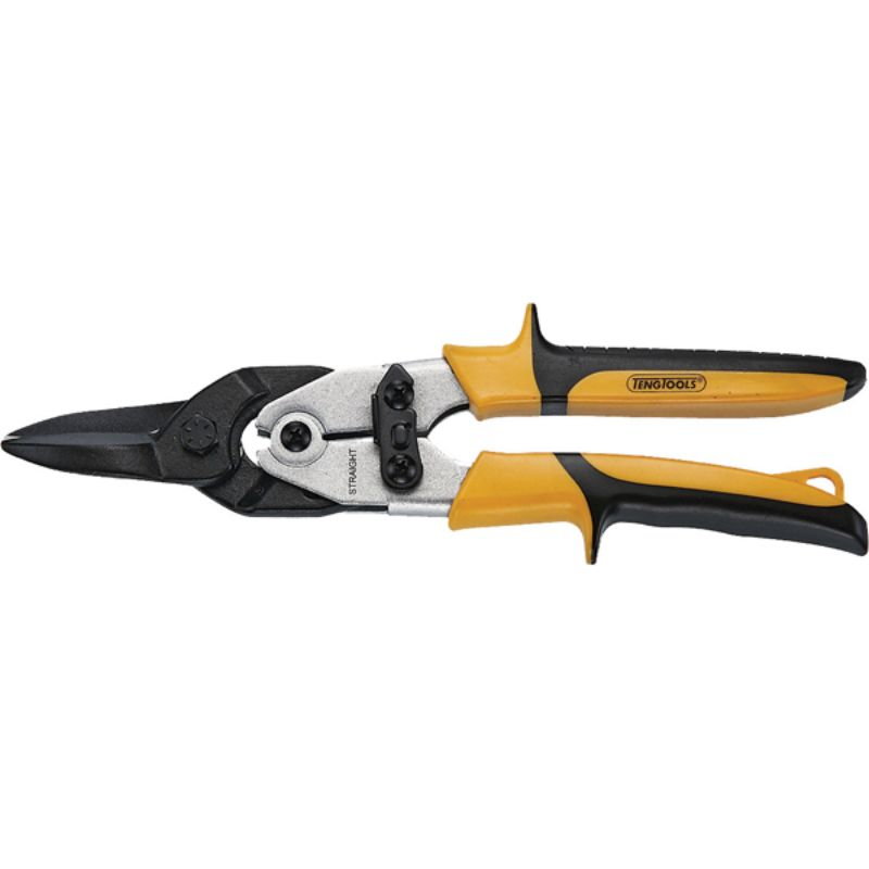 10-inch straight tin snip made of chrome-moly steel with compound action and ergonomic handles for precise cutting.