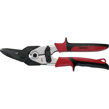 Teng 10in Tin Snip - Straight/Left, durable chrome-moly steel, ergonomic handle, cuts sheet steel up to 1.5mm, safety features included.