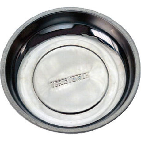 Stainless steel magnetic tray, 150mm diameter, securely holds small metal parts without damaging paintwork.