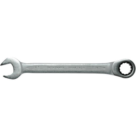 Teng 17mm ratchet combination spanner with 72 teeth and 12-point ring end, designed for torque without repositioning.