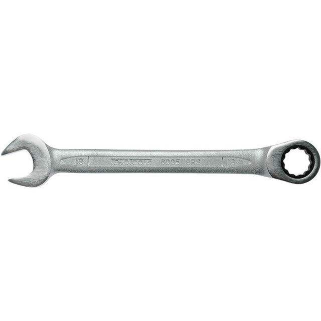 Teng 18mm ratchet combination spanner with 72 teeth and 12-point ring end, designed for easy, precise fastening.